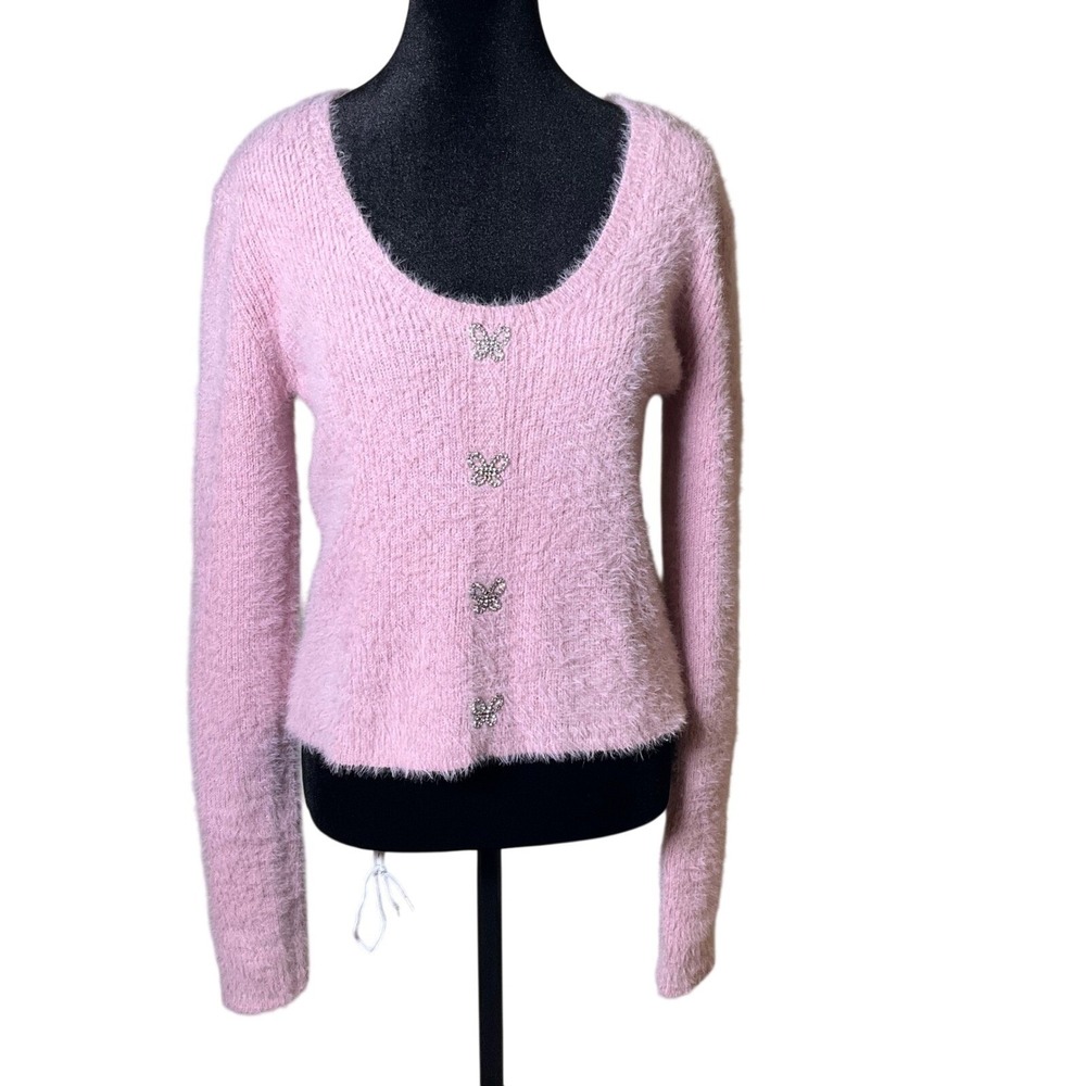 Pink Fuzzy Crop Cardigan Sweater XL Y2K Mean Girls Clueless Butterfly Coquette
